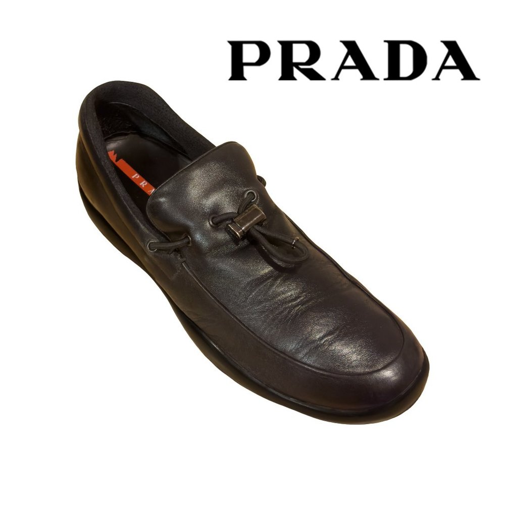 PRADA Mens Slip On Loafers with Red Heel Stripe - Leather - Made in Italy
